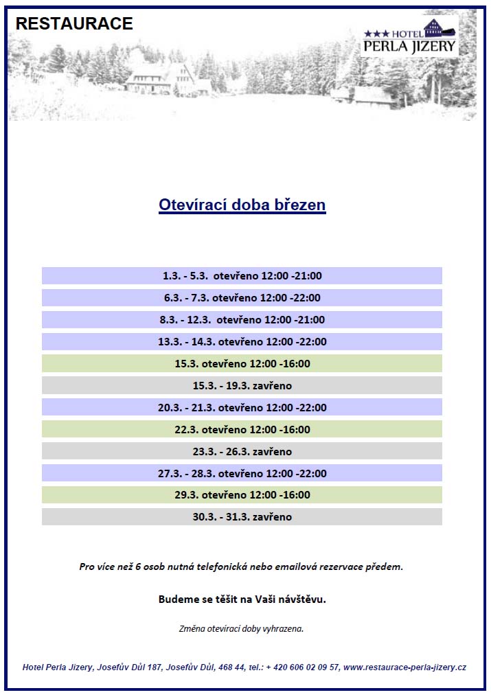 Otevírací doba restaurace - březen