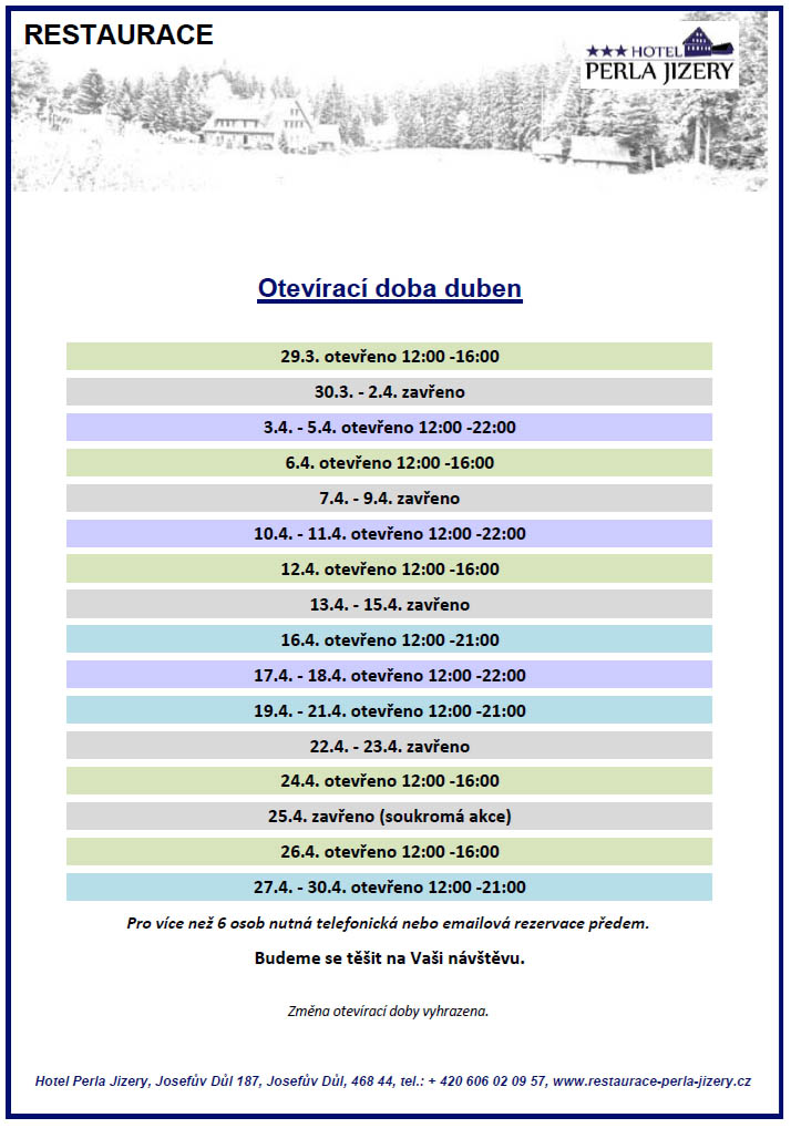 Otevírací doba restaurace - duben