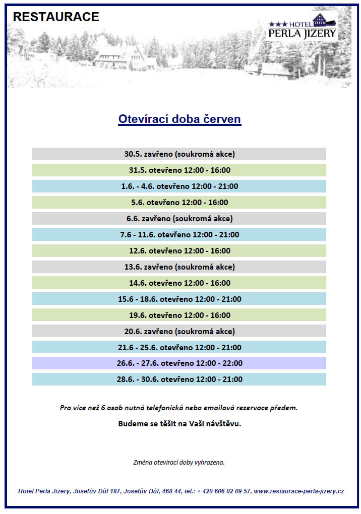 Otevírací doba restaurace - červen Otevírací doba restaurace - červen