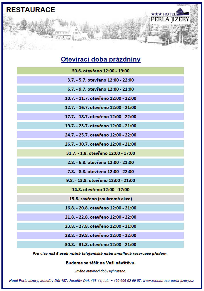Otevírací doba restaurace o prázdninách